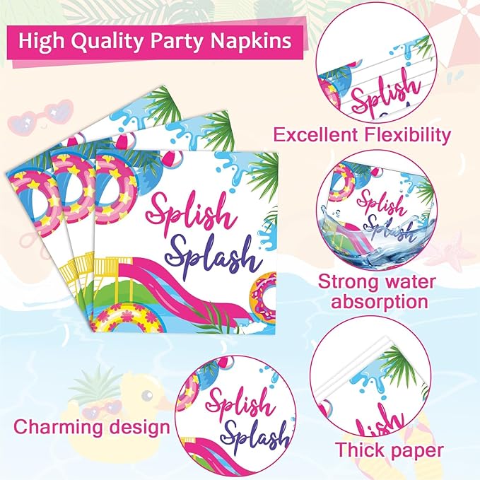 96Pcs Pink Splish Splash Plates and Napkins Summer Pool Birthday Party Decorations Splish Splash Bash Dessert Plates Summer Beach Tableware for 24 Guests Girls Hawaiian Party Supplies