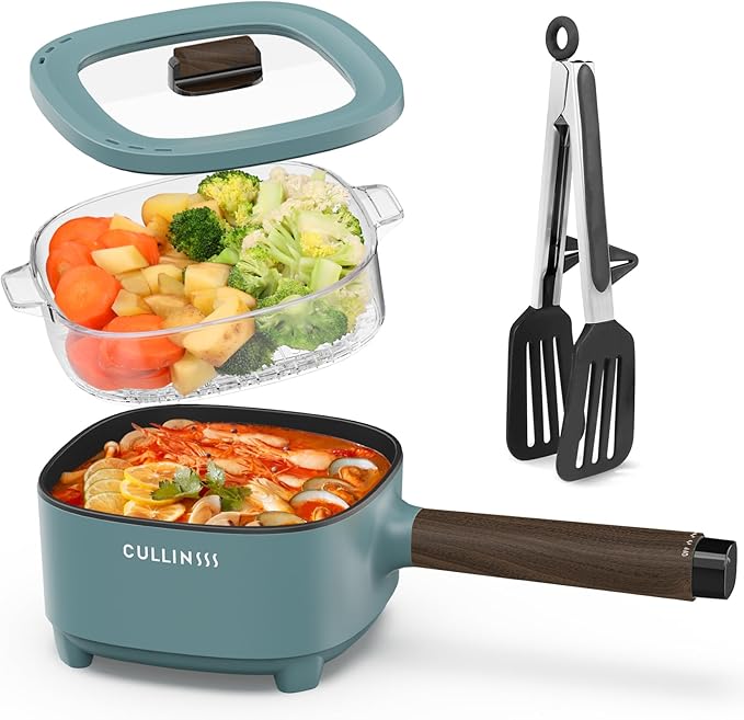 2L Electric Pot with Steamer, Portable Hot Pot Electric with Upgrade Honeycomb Nonstick Coating for Dorm, Office, Travel, Multi Cooker Pot for Ramen, Soup, Oatmeal (Tongs Included)