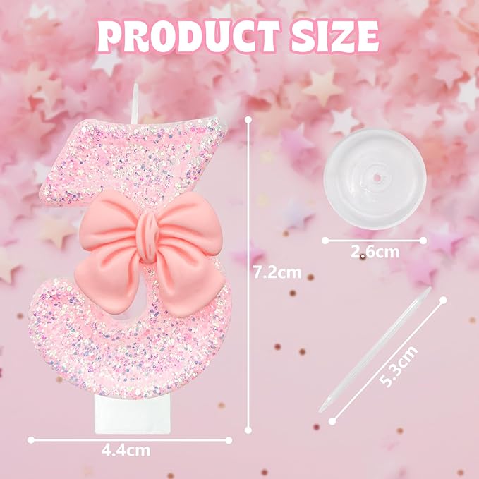 Birthday Cake Candles, Pink Glitter with Bow Cake Candles, Birthday Party Cake Toppers, Cute Birthday Candle Decorations (3)