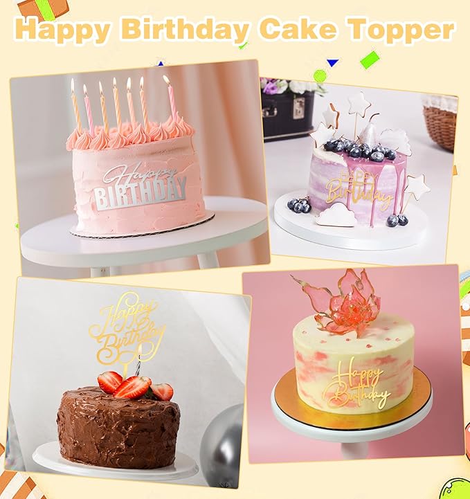12PCS Gold Happy Birthday Cake Topper, Side Mirror Acrylic Happy Birthday Cake Topper with Gold and Silver Accents for Cupcake and Party Supplies