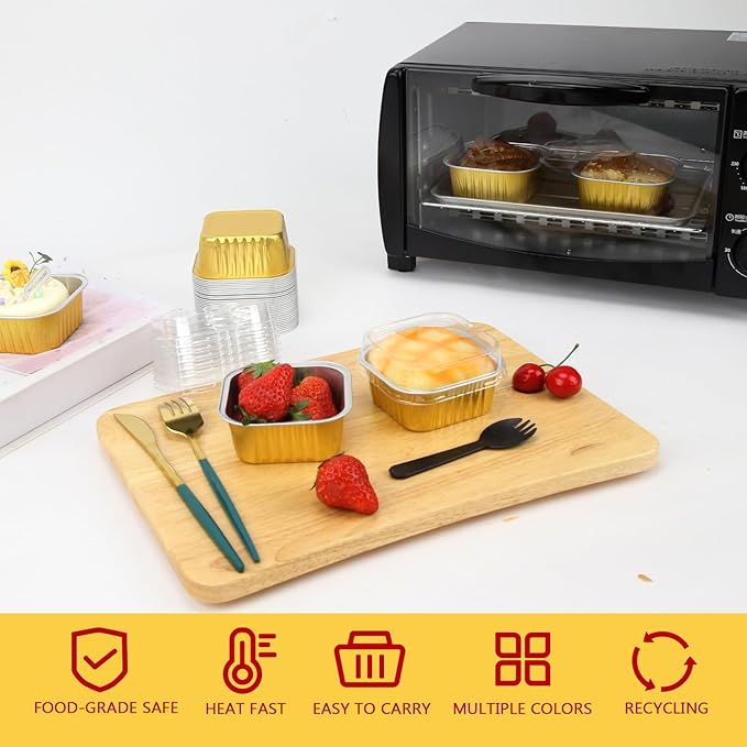 5oz/80pack Foil Mini Cake Baking Pans with Lids,LNYZQUS Small Disposable Ramekins Cupcake Tins Muffin Baking Cups,Aluminum Square Brownie Pan Mini Cheesecake Containers-Gold