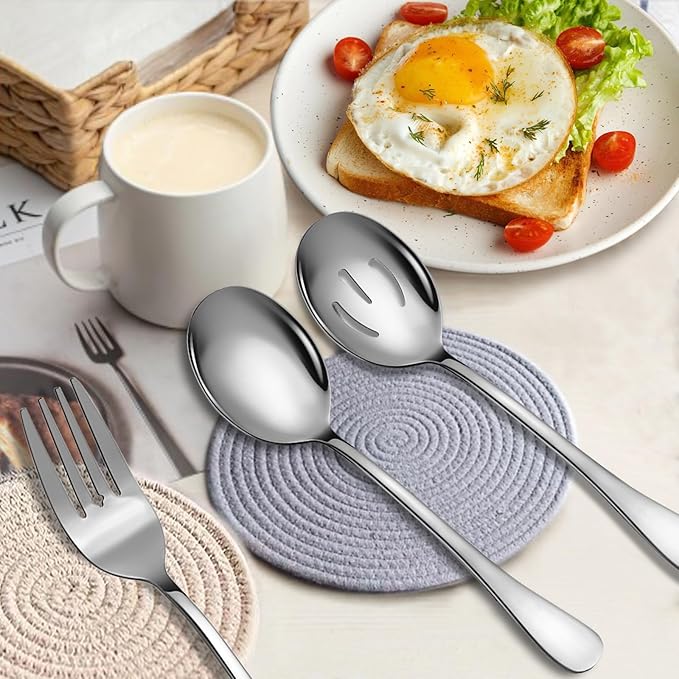6 Piece Stainless Steel Serving Spoons Set, 10-Inch, Includes 2 Spoon/Slotted/Forks for Parties/Kitchen/Buffet/Catering, Dishwasher Safee