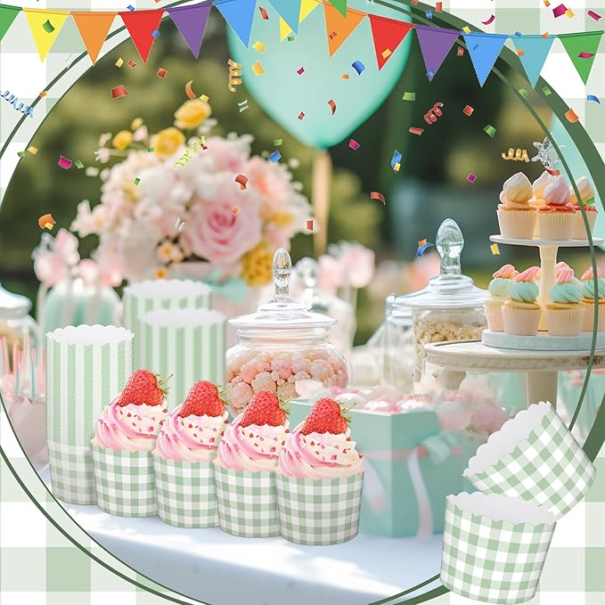 Vesici 150 Pcs Sage Green Gingham Ice Cream Cups 5oz Dessert Paper Bowls Gingham Scalloped Cupcake Cups Disposable Dessert Bowls for Food Sundae Frozen Yogurt Soup Party Supplies