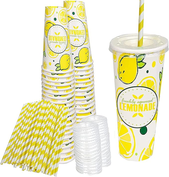 150 Pieces / 50 Sets 20 Oz Lemonade Cups with Lids and Paper Straws - Set of 50 - Lemonade Stand Supplies For Kids and Adults