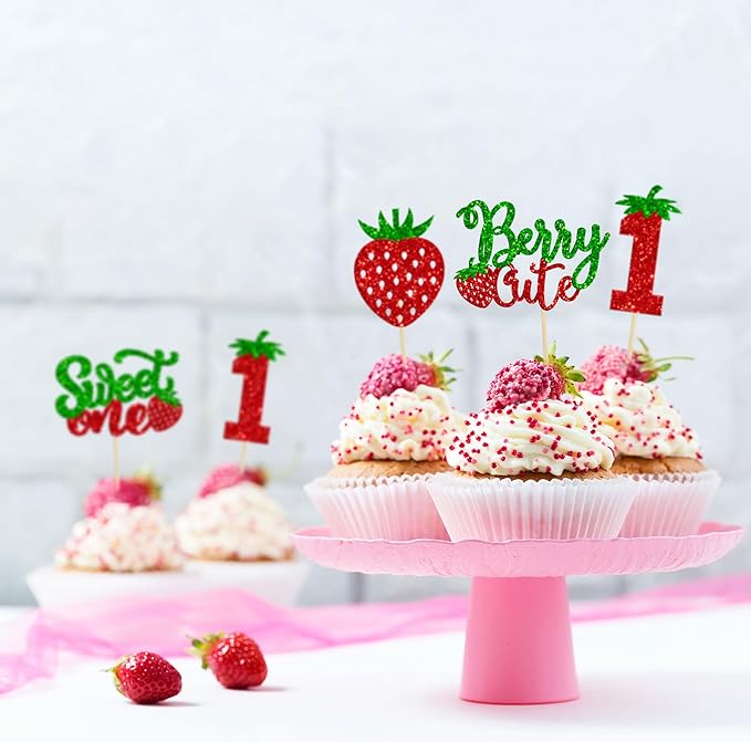 24Pcs Sweet One Cupcake Toppers Glitter First Birthday Strawberry Cupcake Picks for Fruit Baby Shower 1st Birthday Berry Sweet Cupcake Decorations Party Supplies Green
