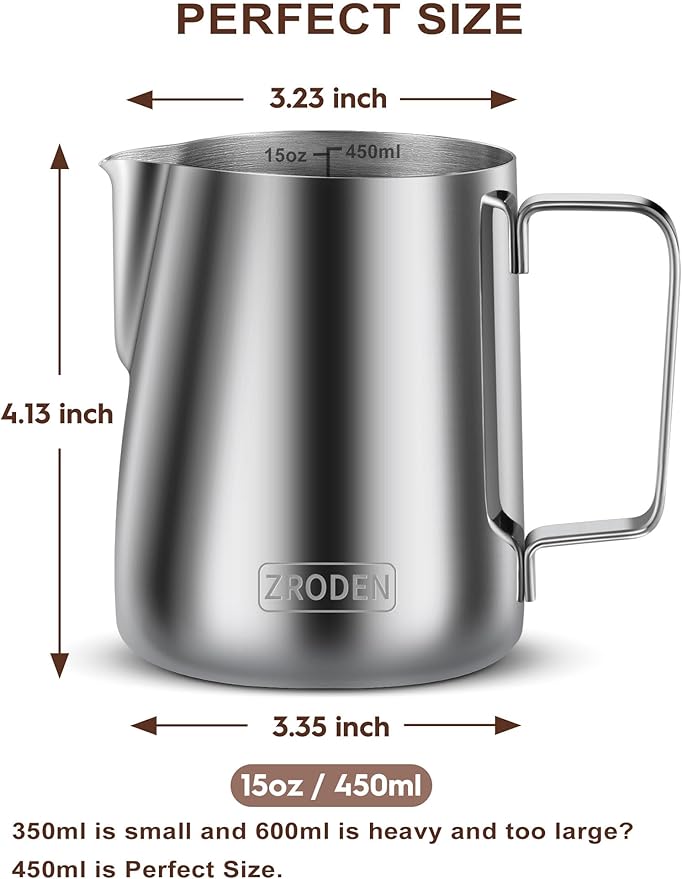 Milk Frothing Pitcher, 15oz 450ml Espresso Steaming Pitchers Stainless Steel Cappuccino Coffee Machine Accessories Barista Tools, Steamer Froth Pitchers Milk Jug Cup with Decorating Pen Latte Art