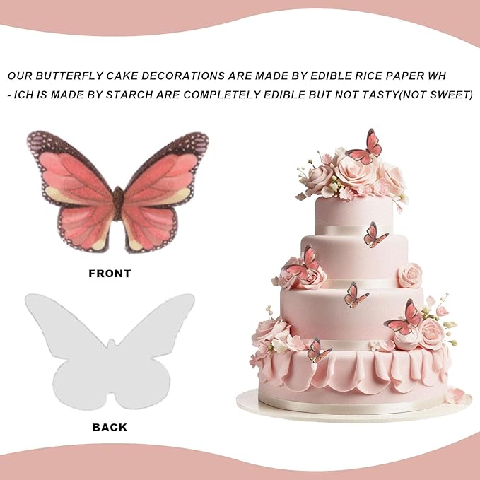 Edible Butterfly Cake Decorations - Edible Butterflies Set of 50Pcs, Edible Wafer Paper Butterflies Cupcake Toppers for Wedding Anniversary Birthday Party Cake Decorations (Light Red)