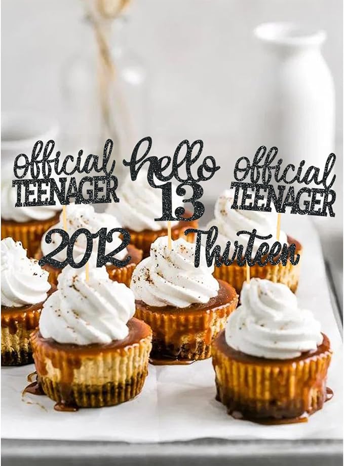 24Pcs Glitter 13th Birthday Cupcake Toppers, Hello 13th Birthday Cake Topper- 13th Birthday Decorations for Celebrating Official Teenager Thirteen Years Old Birthday Party Supplies (Black)