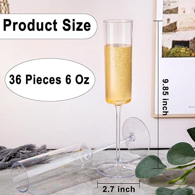 Ciaell 36 Pack Plastic Champagne Flutes - 6 Oz Disposable Champagne Glasses - Square Clear Plastic Toasting Glasses for Party Birthday Anniversary Wedding
