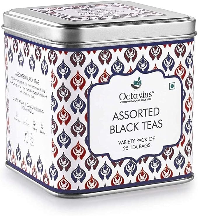 Octavius Tea Variety Pack | 3 Assorted Black Teas ??Indian Masala, Darjeeling & English Breakfast | Strong CTC Tea for Milk | 25 Tea Bags Each | Pack of 6 | Rich & Malty Flavor