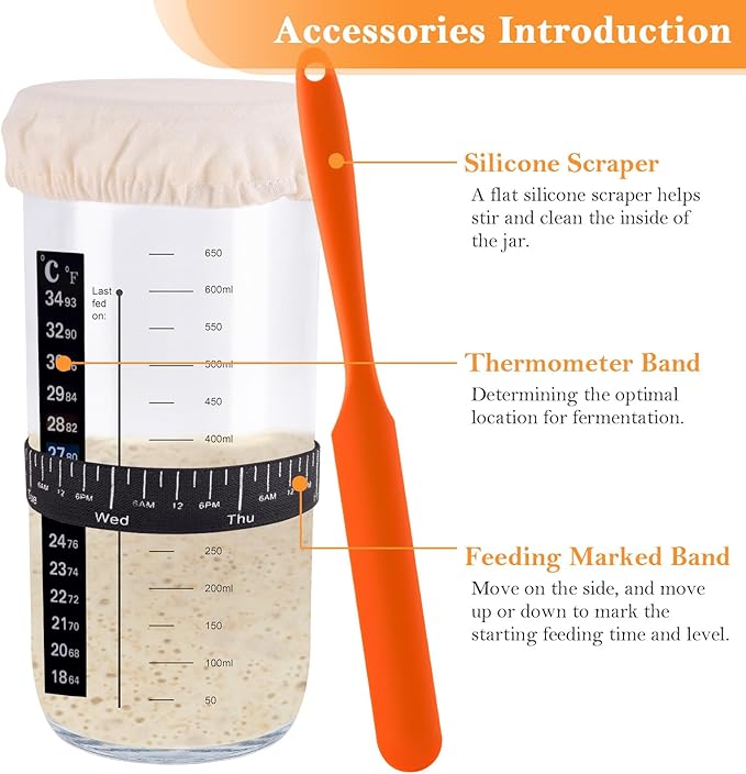Sourdough Starter Jar, Sourdough Starter Kit With Thermometer, Scraper, Cloth Cover And Metal Lid, 24 Oz Wide Mouth Sour Dough Starter Container Use For Sourdough Bread Baking Supplies(Orange)