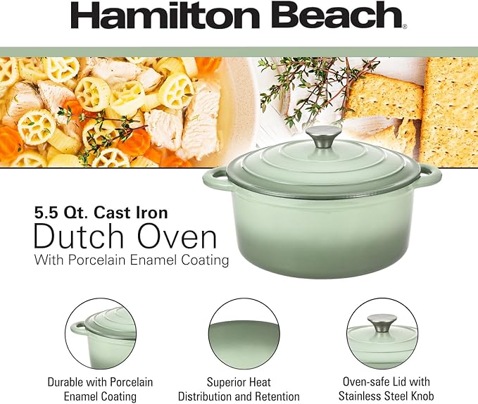 Hamilton Beach Enameled Cast Iron Dutch Oven 5.5-Quart Sage, Cream Enamel Dutch Oven Pot with Lid