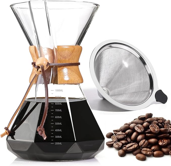 Pour Over Coffee Maker 34 OZ, 10 Cup Borosilicate Glass Drip Coffee Maker with Reusable Stainless Steel Filter and Cork Grip for Home Caf챕 1000 ML (Diamond Shape)