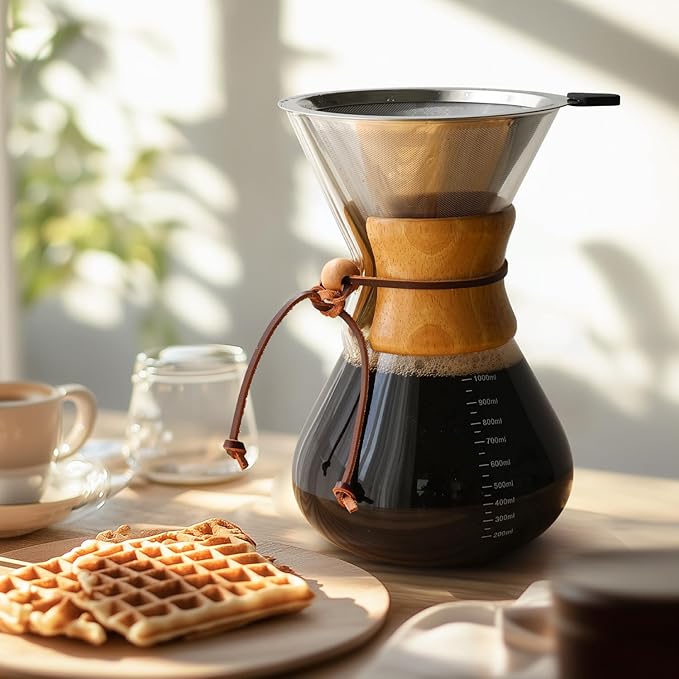 Pour Over Coffee Maker 34 OZ, 10 Cup Borosilicate Glass Drip Coffee Maker with Reusable Stainless Steel Filter and Cork Grip for Home Caf챕 1000 ML