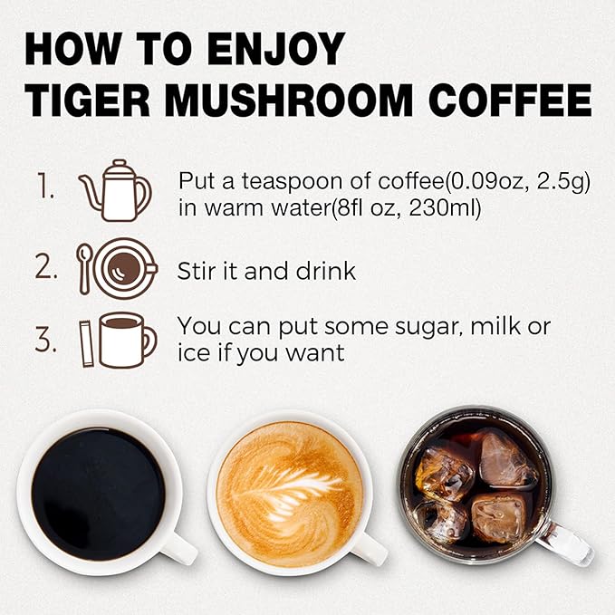 Tiger Organic 5 Mushroom Instant Coffee β 30 Servings with 100% Arabica | Immune System Booster, Reishi, Maitake, Shiitake, Chaga & Turkey Tail Mushrooms | Gluten & Dairy Free, Vegan - Natural Energy