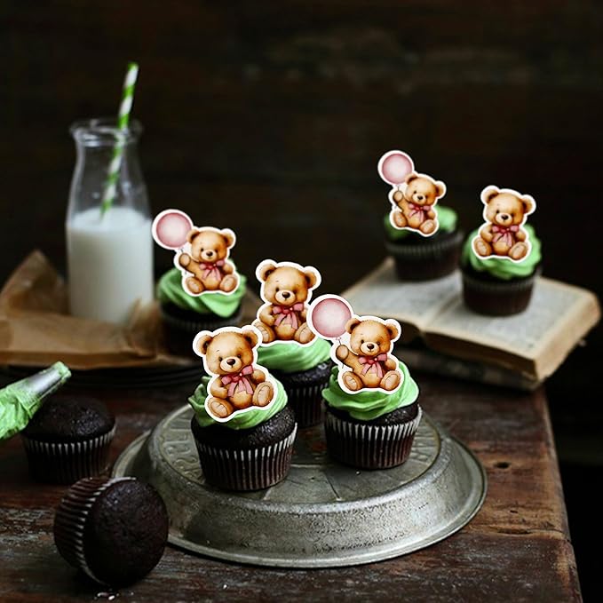 40 PCS Edible Wafer Paper Baby Shower Bear Cupcake Toppers Drink Topper Selection Baby Bear Theme Baby Shower Decorative Supplies Jungle Animal Theme Birthday Party Cake Decorative Supplies Pink