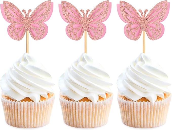 24PCS Butterfly Cupcake Toppers 3D Double Layers Hollow Cupcake Picks Baby Shower Cake Decorations Supplies for Butterfly Theme Wedding Anniversary Baby Shower Party Pink