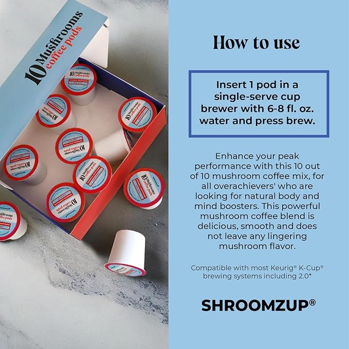 Shroomzup Mushroom Coffee K Cups 12 Pods - 10 Mushroom Coffee with Ashwagandha and Shilajit - Dark Roast Single Serve K-Cup Pods