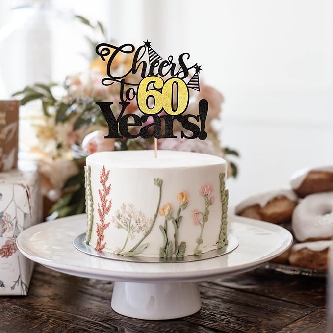 Rsstarxi 1 Pack Cheers to 60 Years Cake Topper Black Glitter Sixty Years Old 60th Birthday Cake Pick Decorations for 60th Birthday Wedding Anniversary Party Supplies