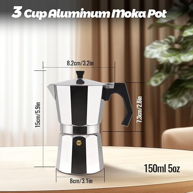 3 Cup Aluminum Moka Pot Classic Stovetop Espresso Coffee Maker 150ml 5oz Coffeemaker Percolator Mocha Pot Greca Coffee Maker Cafe Makers for Italian and Cuban Cafì±?Brewing Silver