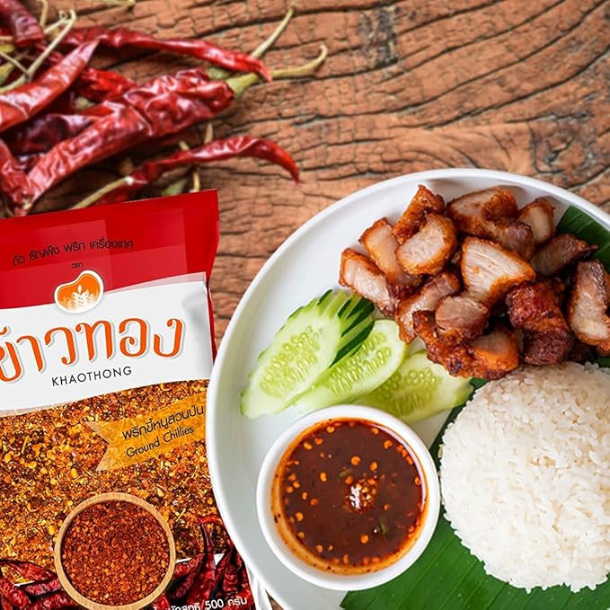 Khaothong Thai Ground Chili Pepper, Crushed Thai chili peppers, Ground red chili, Hot chili flakes, 100g (3.52 oz) Dried crushed chili seasonings