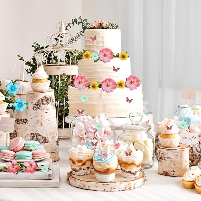 55Pcs Edible Flower Butterfly Cake Topper, Mixed Size & Colour Wafer Paper Cupcake Toppers, Wedding Party Flowers Decoration for Cake, Birthday, Baby Shower Supplies