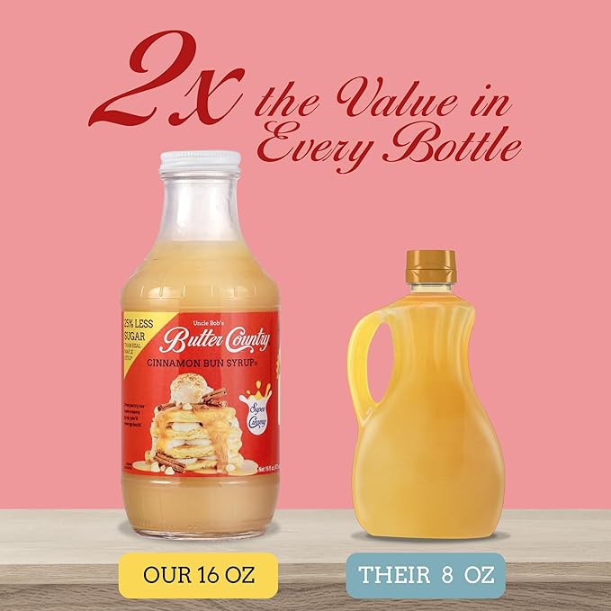 Uncle Bob's Butter Country Rich & Creamy Cinnamon Bun Flavored Buttermilk Syrup for Pancakes, Waffles, French Toast, & More, No Corn Syrup, Gluten Free, 16 fl oz Bottle/2 Pack