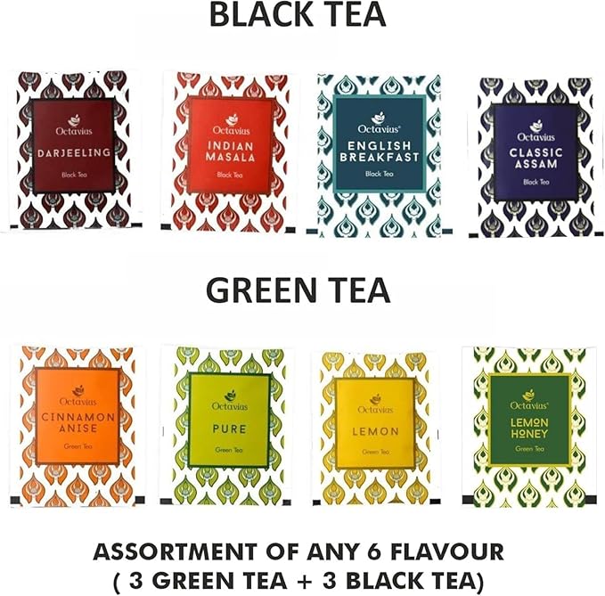 Octavius Gift's Select - Assorted Tea in Elephant Printed Wooden Box | 6 Flavors, 90 Tea Bags | Black & Green | Tea Gifts for Women & Men | Tea Variety Pack Gift Box