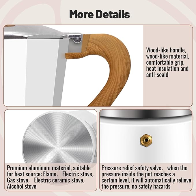 3 Cup Aluminum Moka Pot Classic Stovetop Espresso Coffee Maker 150ml 5oz Coffeemaker Percolator Mocha Express Preferred Cafe Makers for Italian and Cuban Cafì±?Brewing White