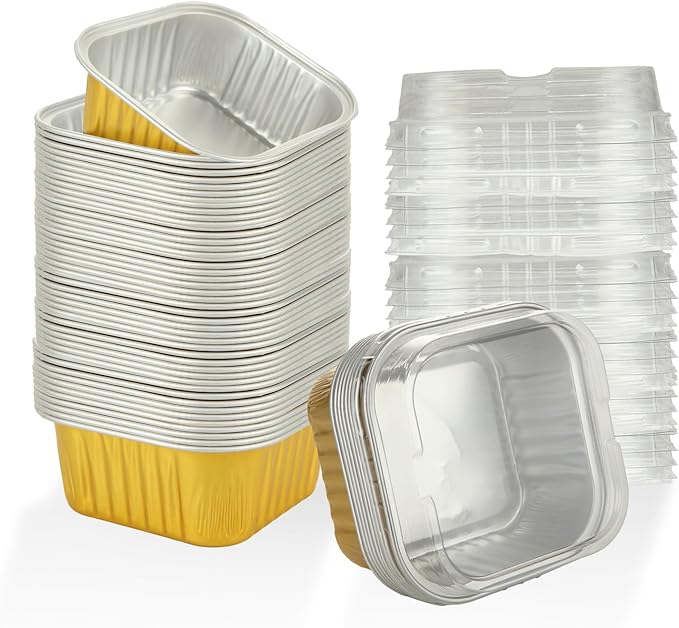 100 Pack 5 oz Mini Square Baking Cups with Lids, Aluminum Foil Baking Cups Mini Square Cupcake Cups, Disposable Ramekins Cake Pans Small for Brownie Cheesecake Muffin Puddings ??Gold