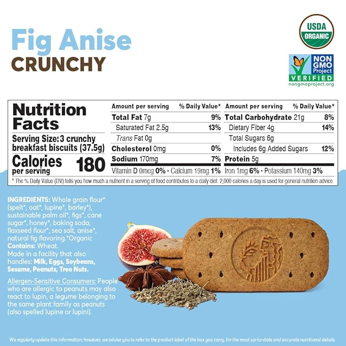 Olyra Organic Breakfast Biscuits - Fig Anise - Healthy Snacks for Adults - Office Snacks - Healthy Cookies - High Fiber Snack - Natural Energy Breakfast Biscuit 24 Packs