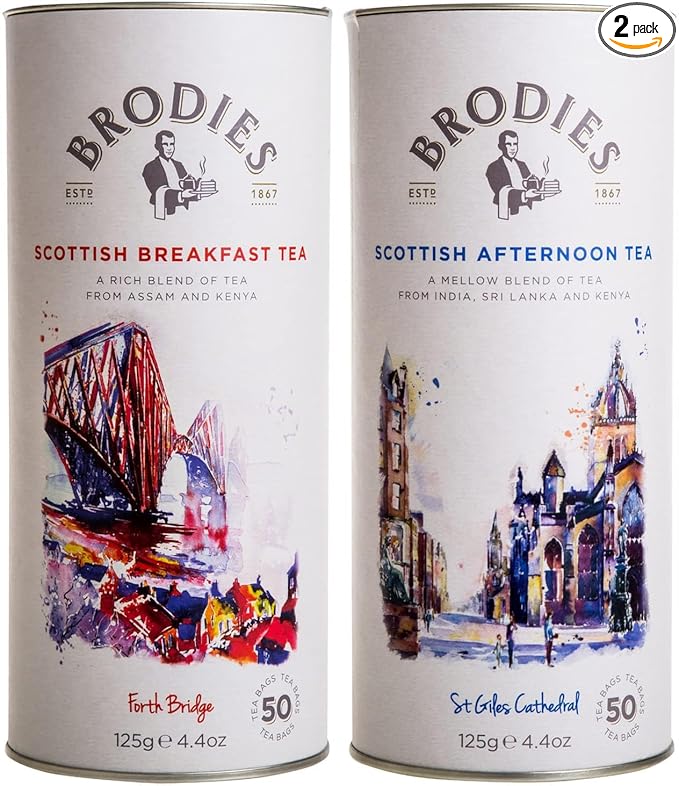 Brodies Tea, Scottish Tea Sampler Breakfast Blend & Afternoon Blend, Black Tea Imported from Scotland, Canister of 50 Bags (Pack of 2)