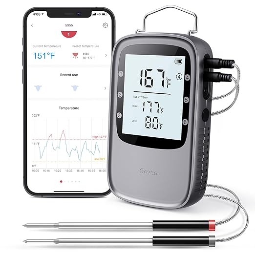 Govee Bluetooth Meat Thermometer, Wireless Meat Thermometer for Smoker Oven, Digital Grill Thermometer with 2 Probes, Timer Mode, Smart LCD Backlight BBQ Thermometer for Cooking Turkey Fish Beef