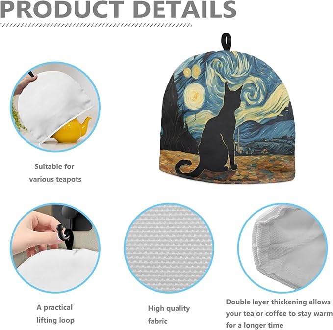 Cute Black Cat Tea Cosy for Teapot Starry Night Customized Teapot Covers Cover with Handle Kitchen Kettle Dust Cover for Keeping Warm Machine Washable Tea Cosy Fabric Quilted Padding