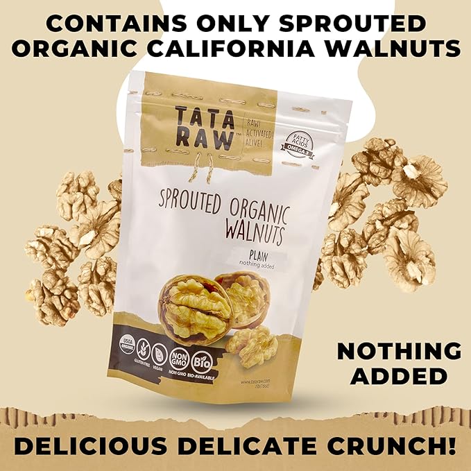 TATA RAW - Sprouted Organic Walnuts - PLAIN. Nothing added -1 lb. Soaked & Air dried SUPER QUALITY. Raw. Alive. Activated. Fresh