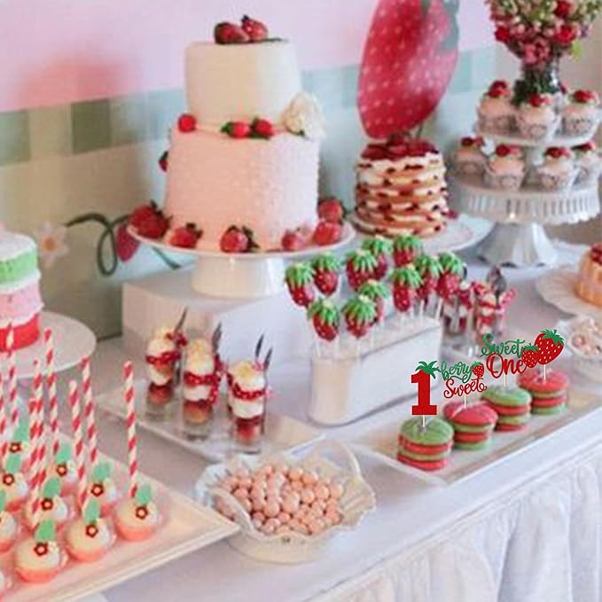 24 Pack Sweet One Cupcake Toppers Glitter First Birthday Strawberry Cupcake Picks for Fruit Baby Shower 1st Birthday Berry Sweet Cupcake Decorations Party Supplies Green