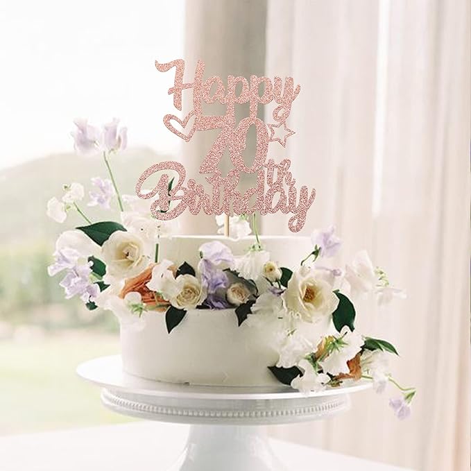 1 Pack Happy 70th Birthday Cake Topper Glitter Heart Star 70 Fabulous Cake Pick Birthday Sign Cake Decorations for Children 70th Birthday Theme Party Supplies Rose Gold