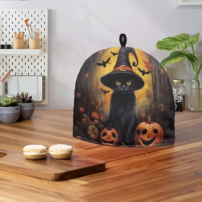 Black Cats Tea Cozy for Teapot Insulated Reusable Kettle Cover Breakfast Warmer Pumpkins Tea Pot Cozy for Keeping Warm All Saints' Eve Thick Teapot Dust Protector