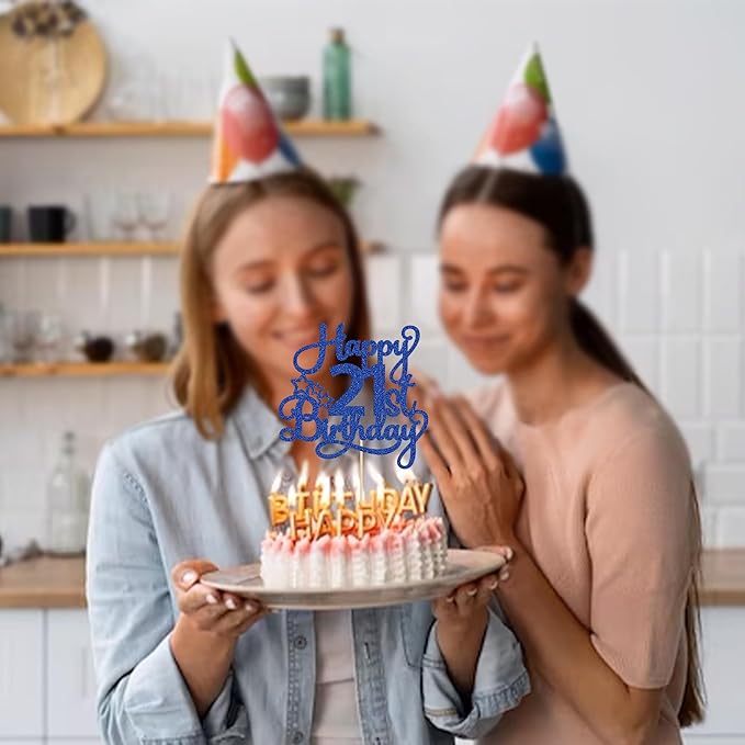 1 Pack Happy 21st Birthday Cake Topper Blue Glitter 21 & Fabulous Cheers to 21 Years Old Birthday Cake Pick for Celebrating 21st Birthday Anniversary Party Cake Decorations Supplies
