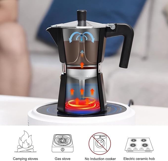 Sivaphe Aluminum Moka Pot 6 Espresso Cups, Percolator Espresso and Coffee Maker, Portable Stovetop Italian and Cuban Cafì±?Brewer for Home and Camping Sliver