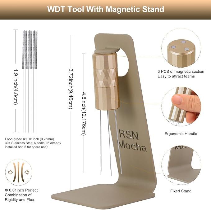 WDT Tool Espresso Distribution Tool, Coffee Distribution Tool with Magnetic Stand, Espresso Accessories with 6 Extra ??.25mm Stainless Steel Needles for Barista (Rich Gold, ??.25mm)
