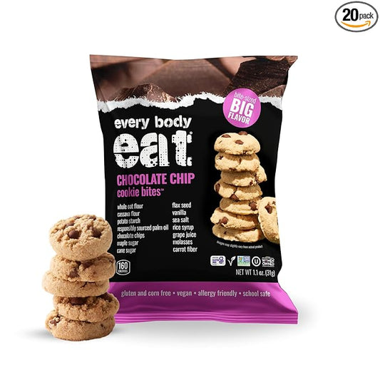 Every Body Eat Crunchy Cookie Bites, Gluten & Dairy Free, Vegan, School Safe Lunch Snacks, Single Serve (Pack of 20) (Chocolate Chip)