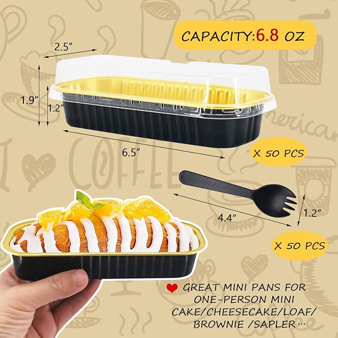 LNYZQUS Aluminum Foil Mini Loaf Pans with Lids 50 Pack, 6.8oz Rectangle Baking Cups Muffin Tins,Disposable Baking Tins Mini Baking Pans Holders -Black In Gold