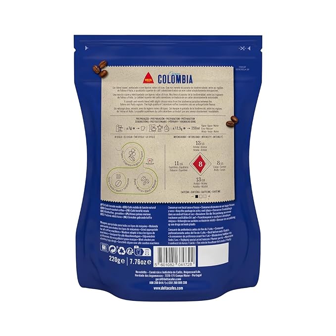 Delta Colômbia Ground Coffee, Smooth and Delicious Medium Roast Coffee, Espresso Machine Compatible, Universal Grinding 7.76 Ounces, 1 Pack