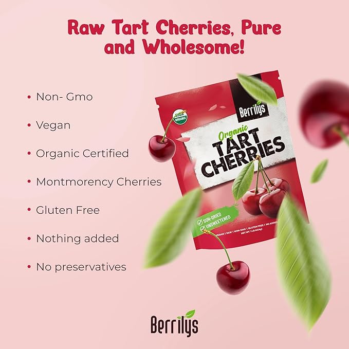 Berrilys Organic Unsweetened Dried Tart Cherries 1 lb, (16 oz) - No Sugar Added, Perfect for Baking, Snacking & Salads - Unsweetened - Non-GMO, Vegan, Cherries for Healthy Living