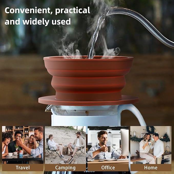 Set of 2 Paperless Collapsible Travel Pour Over Coffee Dripper Kit - Silicone Travel Pour Over Coffee Maker Camping - Collapsible Coffee Filter with Stainless Steel Filter (Brown+Grey)