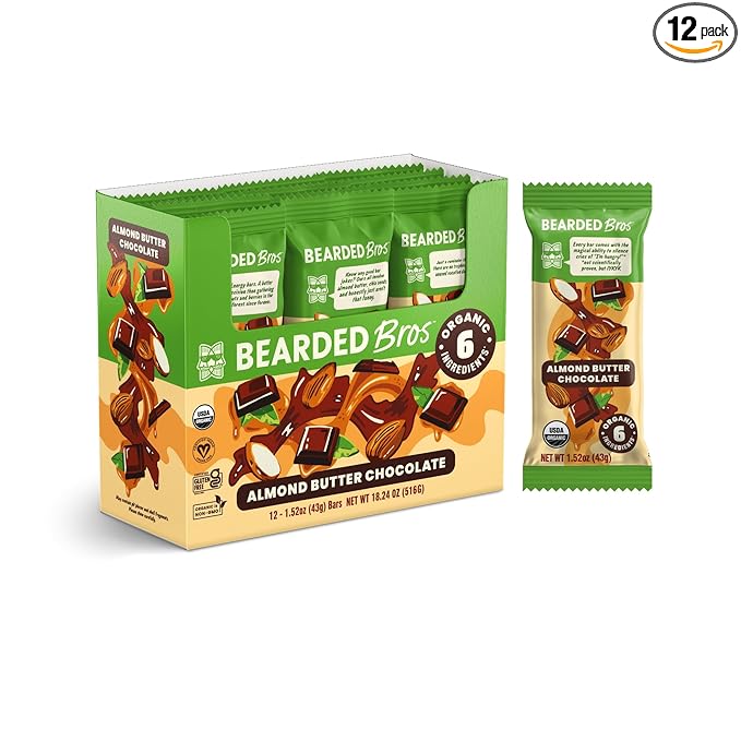 Bearded Brothers, Organic Vegan Protein Energy Bars, Almond Butter Chocolate (12 Pack) - Gluten Free, Paleo, Non GMO, Soy Free, Low Glycemic, No Sugar Added, Packed with Protein, Fiber (Packaging May Vary)