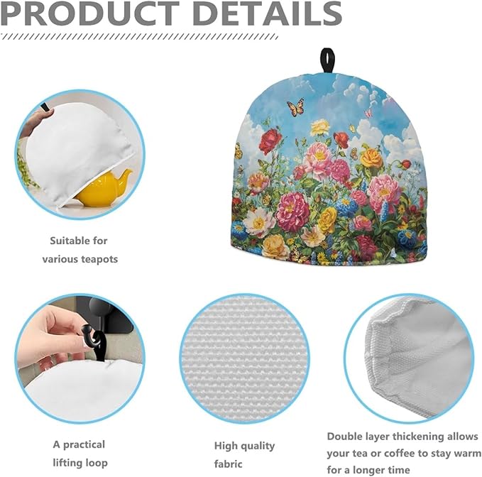 Oil Painting Print Tea Cozy Durable Keep Warm Teapots Tea Cozy Insulated Kettle Cover for Home Kitchen Decor Dust Proof Tea Cozies with Handy Hanging Loop