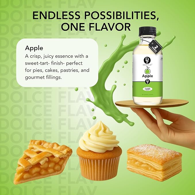 Dolce Flav Apple Extract ??2 Ounce Oil-Soluble Kosher, Sugar-Free, Concentrated Crisp Apple Flavoring for Baking, Chocolates & Desserts, Includes Measured Dropper