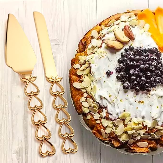 Wedding Cake Knife and Server Set Stainless Steel Gold Cake Knife Pie Server Serving Utensils Set for Wedding Birthday Parties